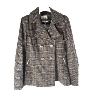 Maralyn & Me Women Pea Coat Jacket Black Multi Plaid Double Breasted Size Large
